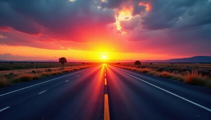Naklejka premium Empty blacktop highway stretches towards vibrant sunrise , light, freedom