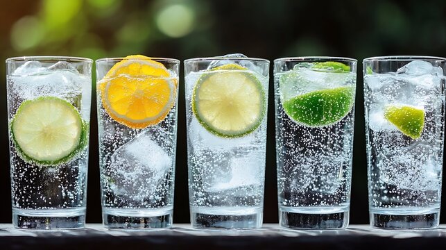 Refreshing summer drinks with citrus fruits, ice cubes, and sparkling water