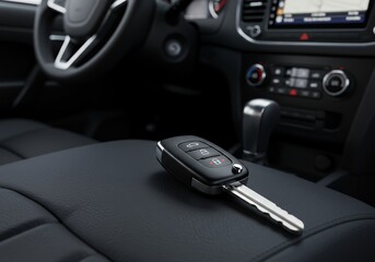 Modern Car Key on Leather Car Seat Interior Detail