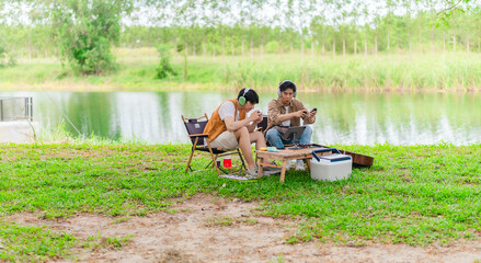 Friends Gaming at Campsite