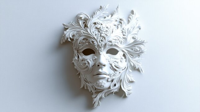 Ornate white mask on a plain background