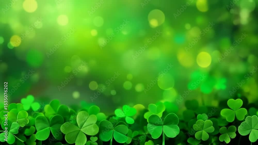Poster st. patrick's day clover background animation with bokeh lights and greenery effect