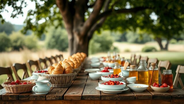 Outdoor breakfast setup on a rustic wooden table featuring pastries, bowls of fresh fruits, and jars of honey surrounded by a beautiful natural setting perfect for gatherings.

