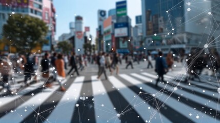 Blurred city crowd crossing street with digital network overlay - urban connectivity
