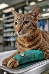 Tabby cat with a green bandage on its paw is resting on a stainless steel table in a veterinary clinic, surrounded by medical equipment and a clean, sterile atmosphere