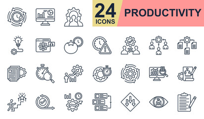 Productivity Icons set vector illustration. Containing team management, technique, efficiency, automation, routine and more. Simple line icons collection.