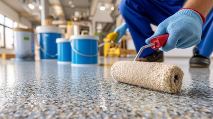 Person applying floor coating with a roller on speckled concrete floor - garage renovation project