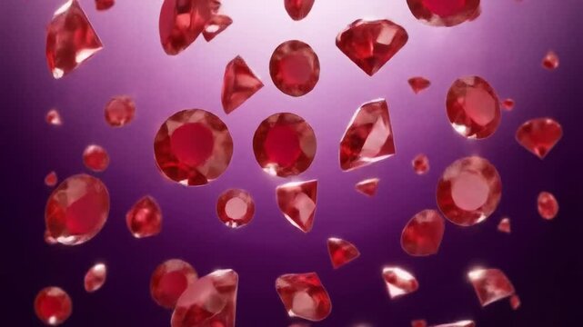 Stunning 3D animation of falling red ruby gemstones with sparkling lights, perfect for luxury jewelry promotions