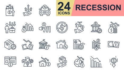Recession Icons set vector illustration. Containing grocery, inflation, job loss, domino effect, economic crisis and more. Simple line icons collection.