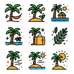 Palm trees and suitcases nine tropical island icons beckoning vacation dreams.