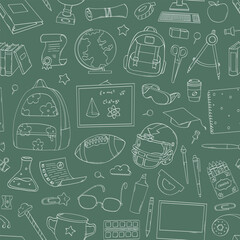 school doodles seamless pattern on green chalkboard background for wallpaper, backgrounds, wrapping paper, packaging, stationery decor, etc. Education theme. EPS 10