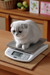 Cat is perched on a digital scale in a warm kitchen setting, surrounded by fresh fruits and a wooden countertop, highlighting the importance of pet health and weight management