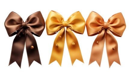 Autumn satin ribbon bows, gold-brown-orange, festive gift wrap, luxury hair bows, decorative design texture, isolated on transparent background.