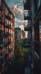 Urban Apartment Complexes with Balconies at Sunset