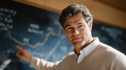 A professor teaching economic history with a timeline and chalkboard