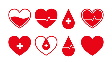 Isolated Red Blood Donation vector icon set, Charity Blood sharing, Health care and Volunteer graphic elements, symbol.