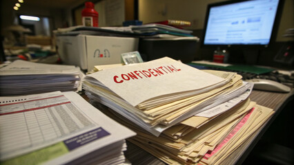 Health system issues concept. Cluttered desk with confidential papers and a computer in the background.