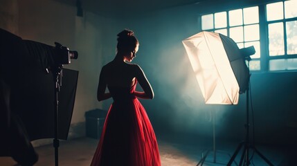 Beautiful model posing in photo studio the photographer takes a picture of her on camera