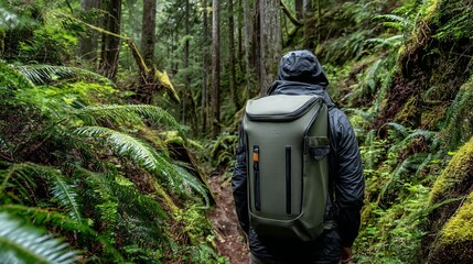 Hiker wearing sleek backpack on a forest trail. Man with dark backpack and jacket hikes through dense green forest, trail surrounded by moss and trees, concept of wilderness adventure