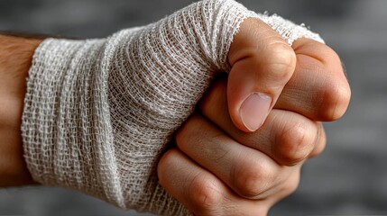 Hand tightly wrapped in white bandage forming a fist - Injury, pain, or resilience