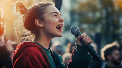 Passionate Young Woman Singing into Microphone in Outdoor Crowd Setting