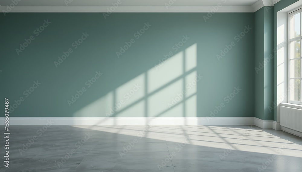 Aufkleber sunlight casting window frame shadows on empty modern room with gray flooring and green walls