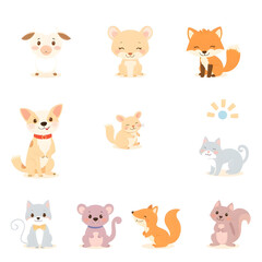 Fototapeta premium Fun animals (sheep, fox, mouse, dog, cat, squirrel). Each animal is represented in 5 different emotional and playful poses.