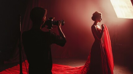 Beautiful model posing in photo studio the photographer takes a picture of her on camera