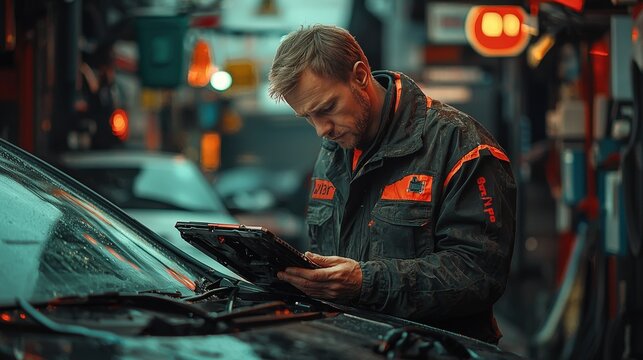 Automobile mechanic engaged in car maintenance with the help of diagnostic equipment and devices