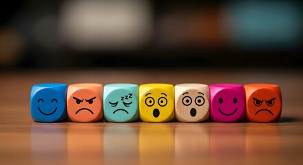 Row of colorful emotional cubes with different faces expressing various feelings. Concept of mood, behavior and psychological state change.