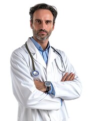 Portrait of successful doctor, standing with arms crossed, isolated on white background.