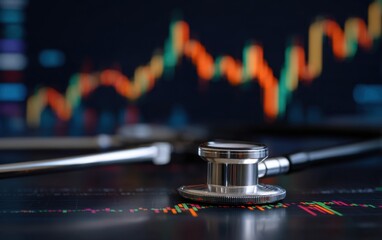 Stethoscope Examines Fluctuating Financial Graph, Analyzing Investment Trends and Economic Health, Medical Insights into Market Volatility.