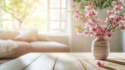 Beautiful pink cherry blossoms in a vase grace a sunlit wooden table near a cozy sofa and window