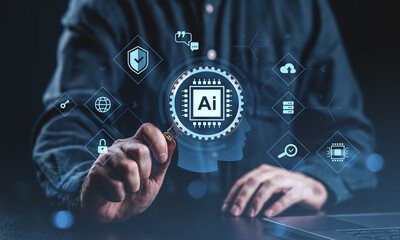 AI technology concept with businessman interacting with digital interface showing automation and...