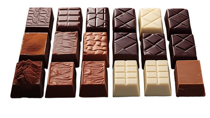 Gourmet chocolate bars assortment, milk-dark-white squares, sweet luxury dessert, delicious confectionery treat, isolated on transparent background.
