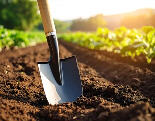 Shovel in freshly tilled soil