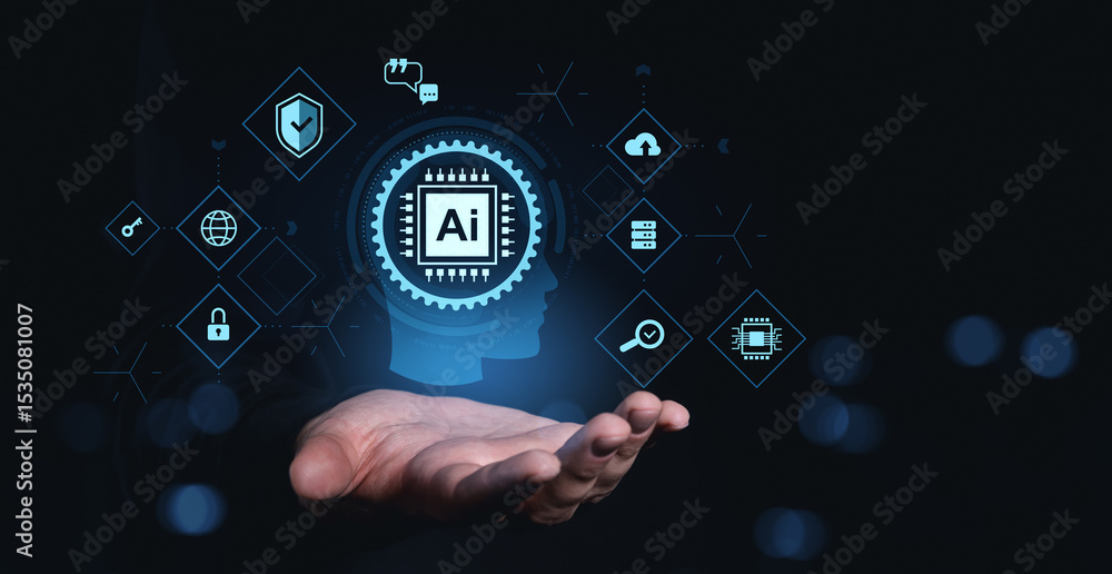 Poster ai technology concept with digital icons representing future automation and business process innovat