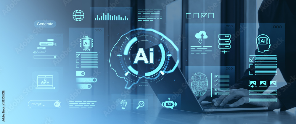 Poster ai technology icons and automation interface holograms over laptop representing future processes in 