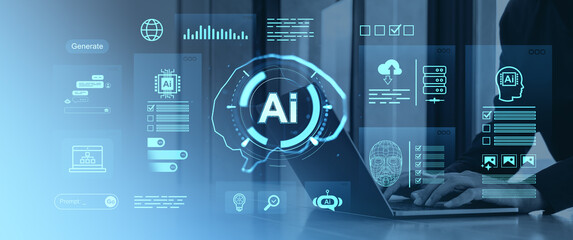 AI technology icons and automation interface holograms over laptop representing future processes in business and digital transformation concept.