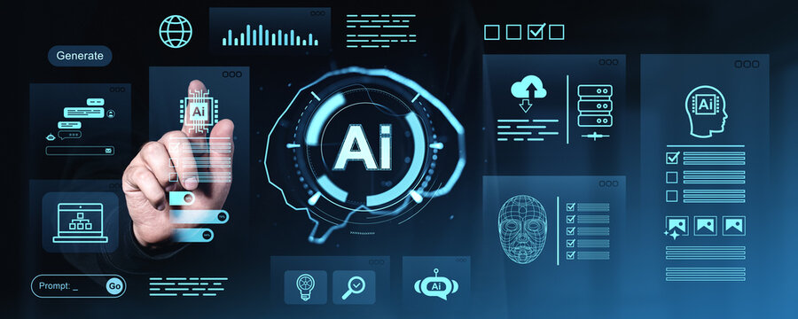 Futuristic interface showing AI technology automating digital business processes with data and cloud integration on a dark blue background.