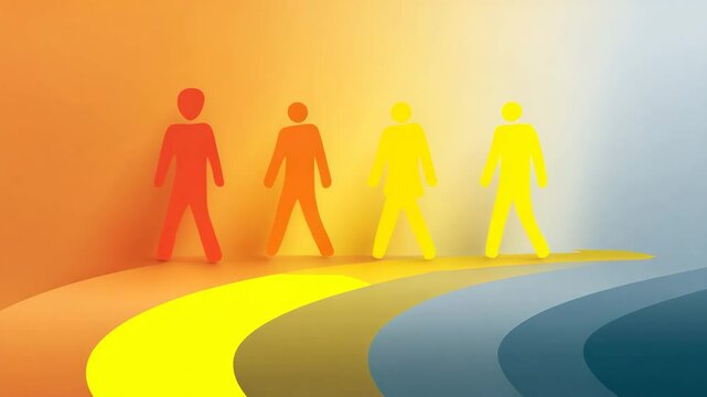 Journey of Transformation: Conceptual illustration of a progression of individuals navigating a vibrant, curving path, each figure representing a stage of evolution and growth.