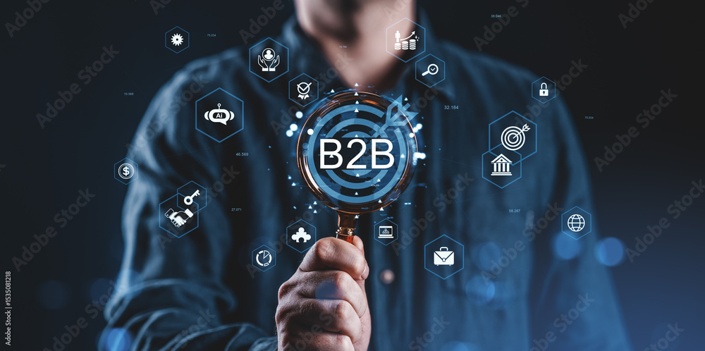 Poster businessman holding magnifying glass with b2b text surrounded by digital partnership and customer ic