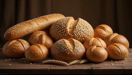 Assortment of freshly baked rustic bread rolls and baguette bread on wooden table