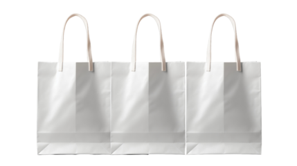 White paper shopping bags mockup, elegant retail branding, clean design template, minimalist presentation, 3-pack, isolated on transparent background.