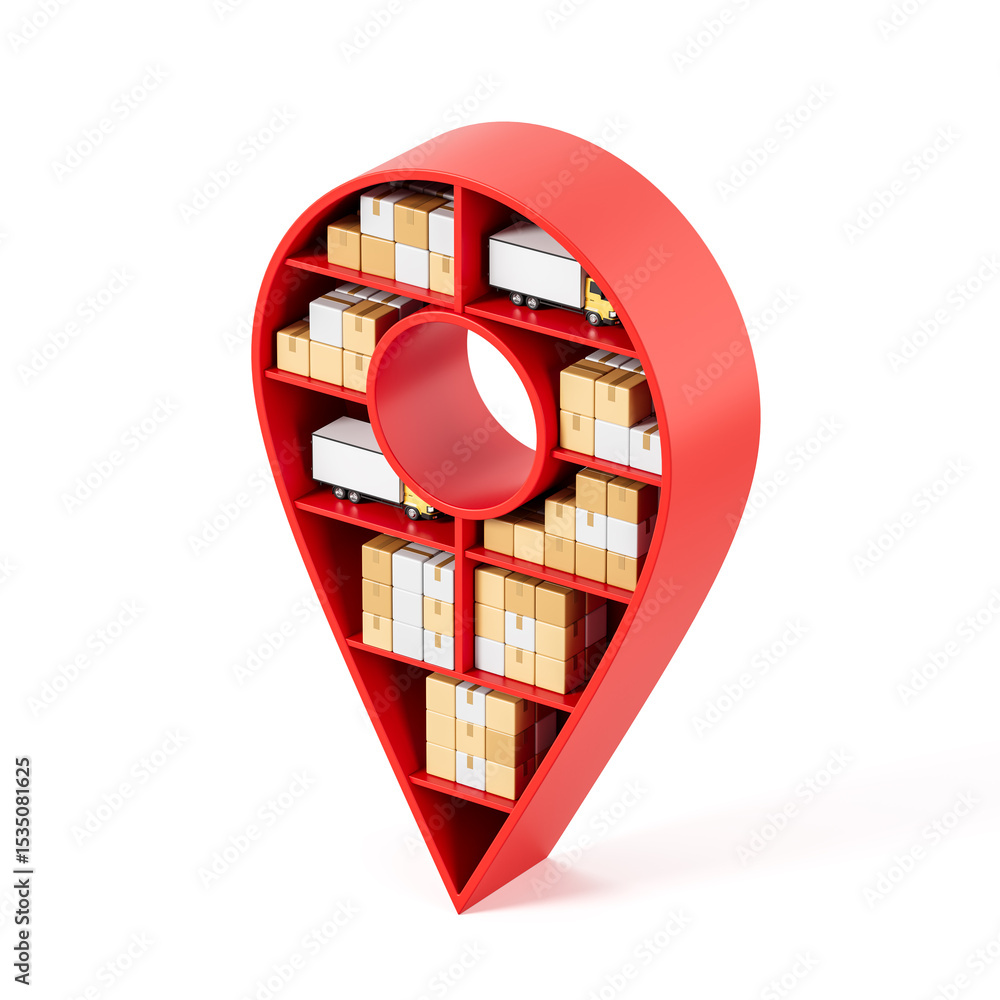 Poster red location pin shaped like a warehouse storage unit filled with boxes and delivery trucks represen