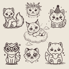 Seamless pattern with doodle cats among stars. Continuous one line kittens. Feline in different poses. Animals sit, lay,relax. Childish monochrome print,wrapping paper. Modern drawing with domestic pe