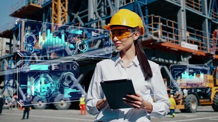 Futuristic construction site: engineer uses ar tablet for project management - Powered by Adobe