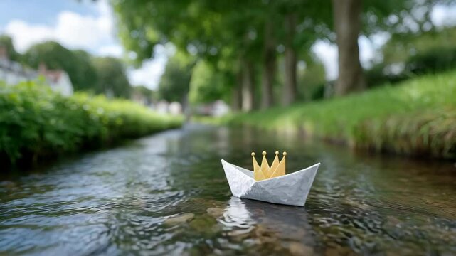 Paper Boat with Crown: An enchanting close-up reveals a small, meticulously crafted paper boat crowned with a golden emblem, elegantly navigating a gentle river.