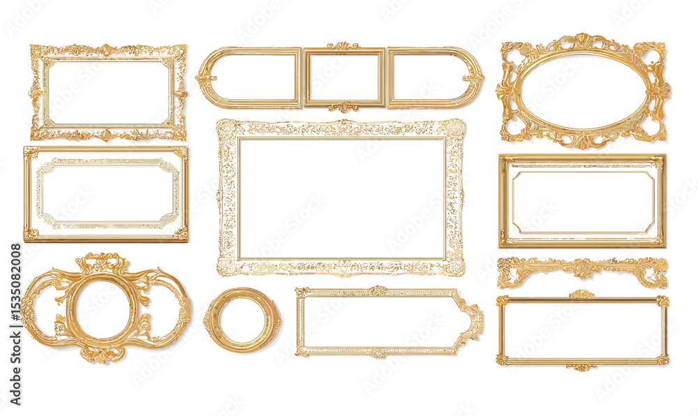 Aufkleber collection of elegant vintage golden ornate frames in various rectangular and oval shapes with intri