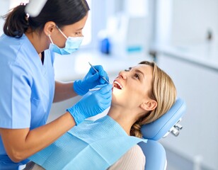 Fototapeta premium Professional Dentist Performing Routine Oral Examination on Young Female in Modern Clinic